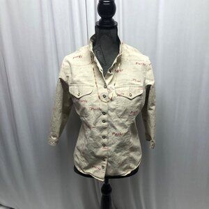 Ruby Rd Shirt Womens Size 10 Paris Script Beige Snap Closure Cotton Casual Top